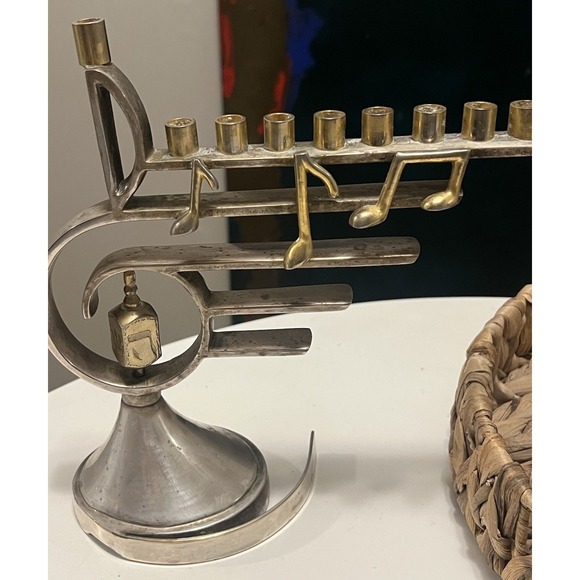 Vintage Brass & Silver Plated Menorah Musical Sankyo Music Box Treble Clef - Picture 2 of 10
